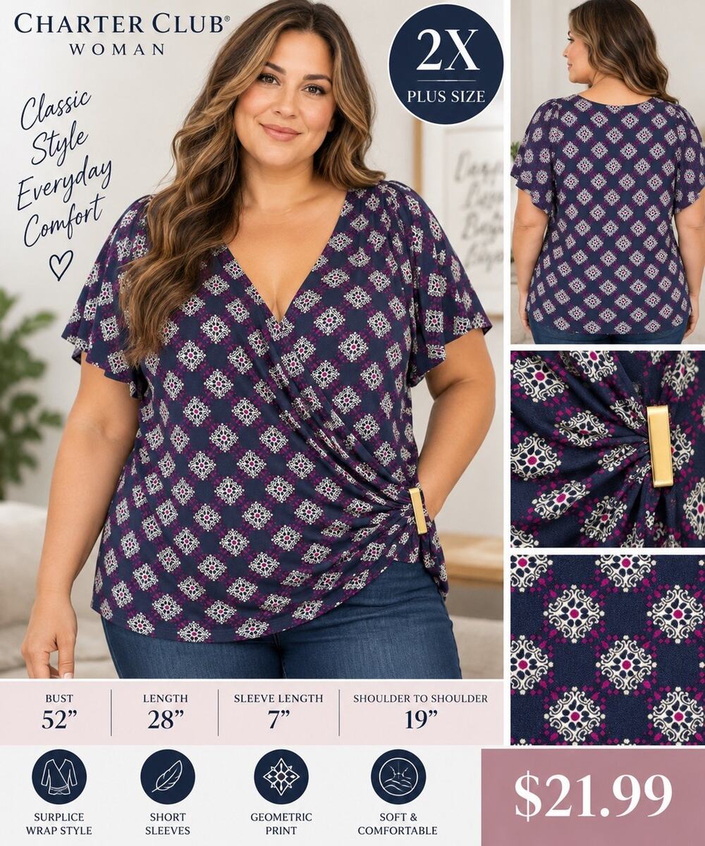 Charter Club Woman 2X Top Navy Magenta Geometric Print Surplice Short Sleeve